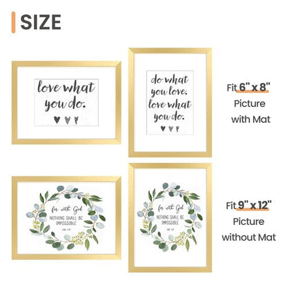 upsimples 9x12 Picture Frame, Display Pictures 6x8 with Mat or 9 x 12 Without, Wall Hanging Photo Frames, Gold, 1 Pack