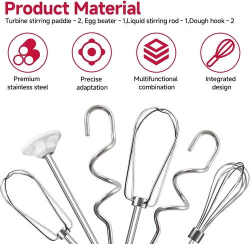 Kitchenaid Hand Mixer Attachments - Stainless Steel Beater Set with Whisk, Mixing Rod & Dough Hook | 6-Piece Set
