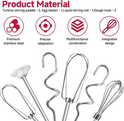 Kitchenaid Hand Mixer Attachments - Stainless Steel Beater Set with Whisk, Mixing Rod & Dough Hook | 6-Piece Set