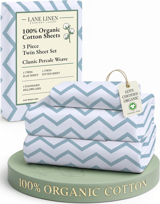 **LANE LINEN Organic Cotton Twin Bed Sheets - Naturally Cooling, Fully Elasticized, Eco-Friendly Chevron Design**