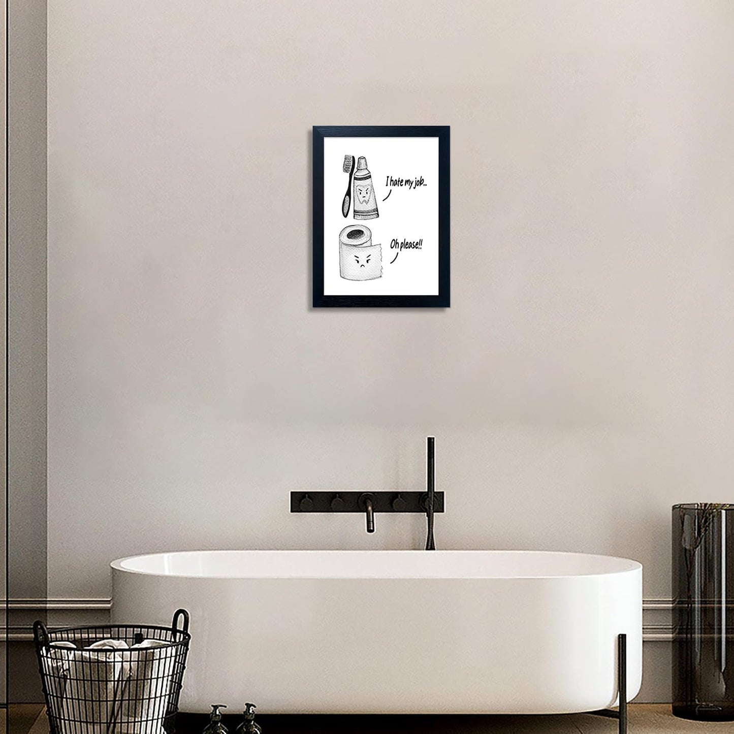 Regine Switzerland Kids Bathroom Wall Decor - Framed Black and White Print | Funny Toilet Paper & Toothbrush Art