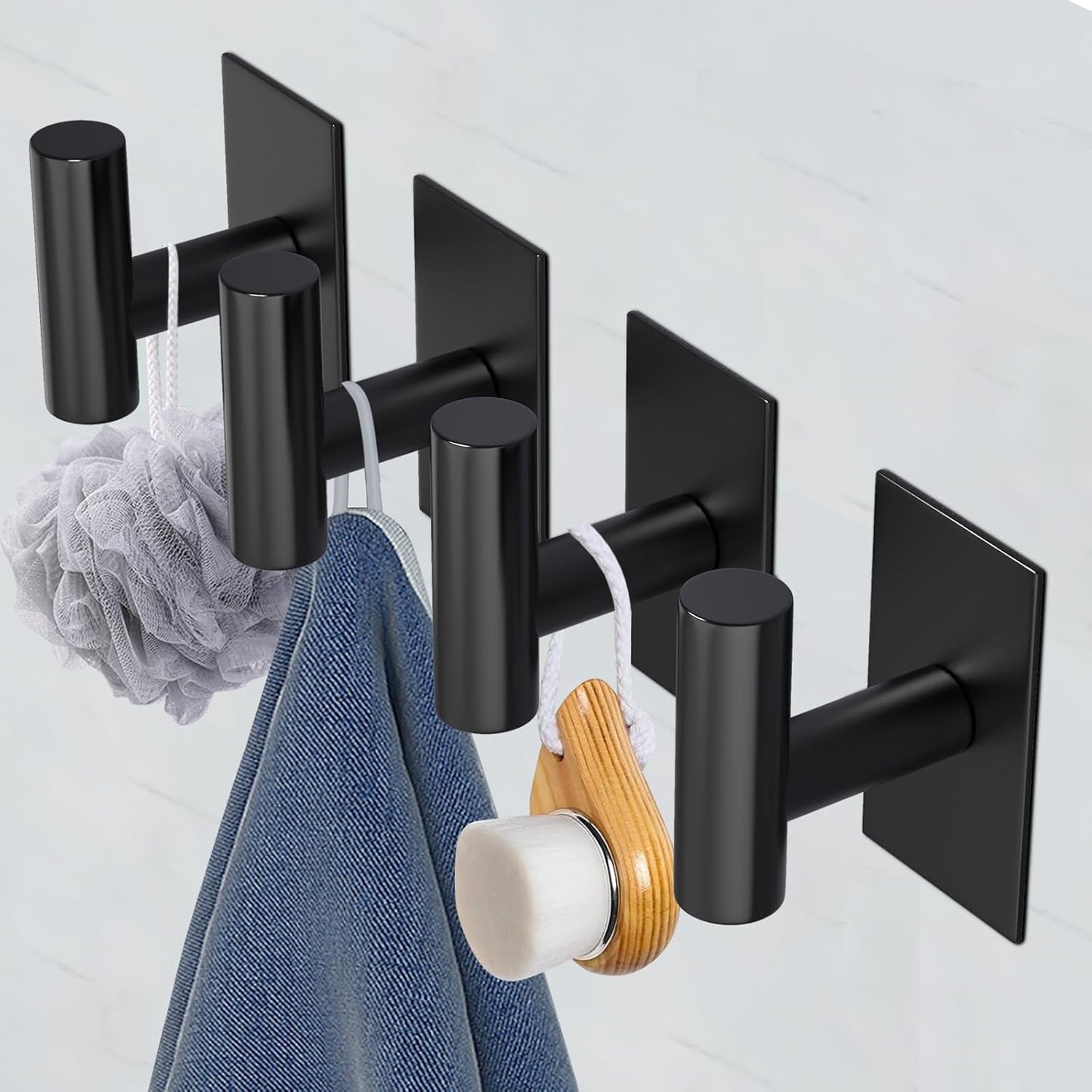 VAEHOLD Wall Towel Hooks - Heavy Duty Waterproof Sticky Holders for Coats & Clothes | Black, 4 Pack