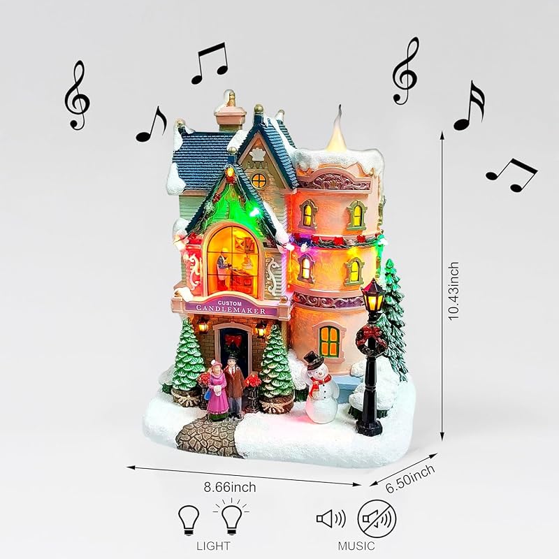 Vintage Candlemaker Christmas Village House with LED Lights & 8 Carols - Hand Painted Polyresin