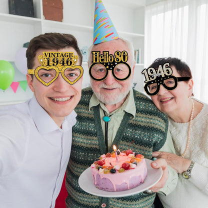 Turypaty 24Pcs 80th Birthday Paper Glasses - Vintage Black Gold Photo Props for Men & Women