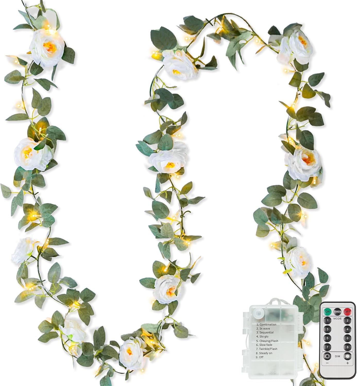 Suddus Flower Garland - 60 LED White Camellia Fairy Lights | Battery Operated with Remote for Indoor Decor