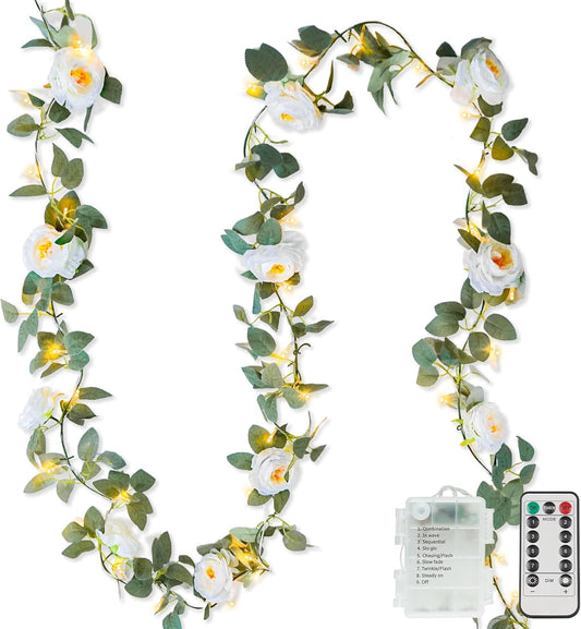 Suddus Flower Garland - 60 LED White Camellia Fairy Lights | Battery Operated with Remote for Indoor Decor