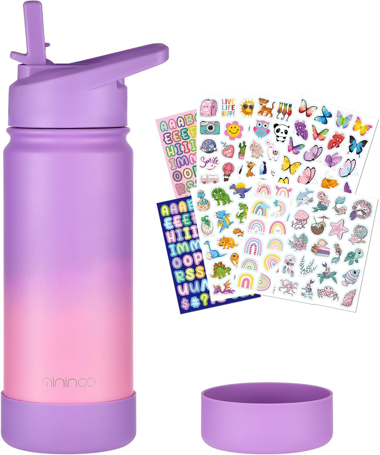 Mininoo Kids Water Bottle - 16oz Stainless Steel Insulated with Straw Lid | Purple/Pink