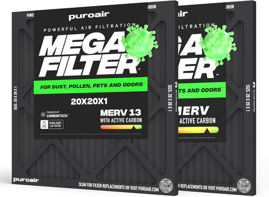 PuroAir MegaFilter - MERV 13 Heavy-Duty 3-Layer Air Filter | 20x20x1 Activated Carbon Defense (2-Pack)
