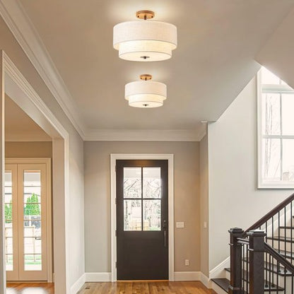 Bargeni 16" Semi Flush Mount Ceiling Light, 3-Light Drum Ceiling Light Fixture, Oil Rubbed Bronze with Double Linen Fabric Shade, Modern Light Fixtures Ceiling Mount for Bedroom, Living Room, Entryway