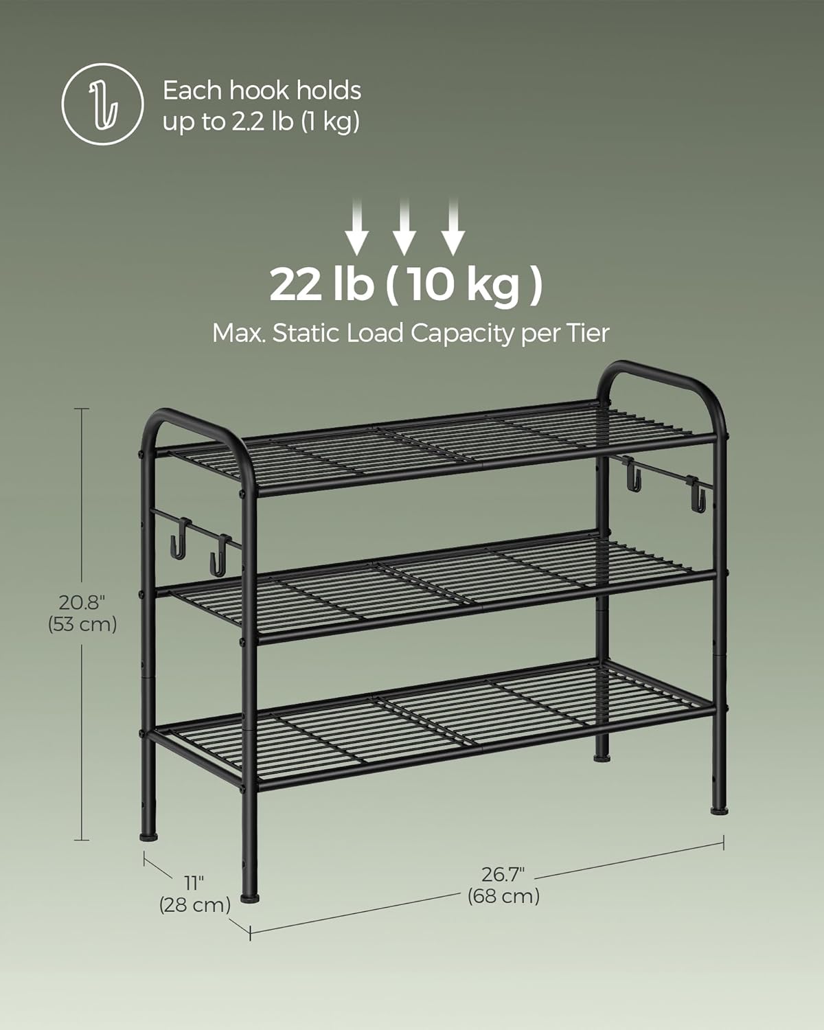SONGMICS Shoe Rack - 3-Tier Metal Organizer with 4 Hooks | Holds 12 Pairs, Height-Adjustable, Ink Black