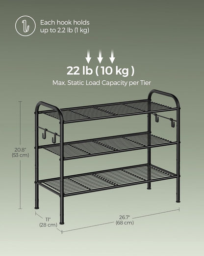 SONGMICS Shoe Rack - 3-Tier Metal Organizer with 4 Hooks | Holds 12 Pairs, Height-Adjustable, Ink Black