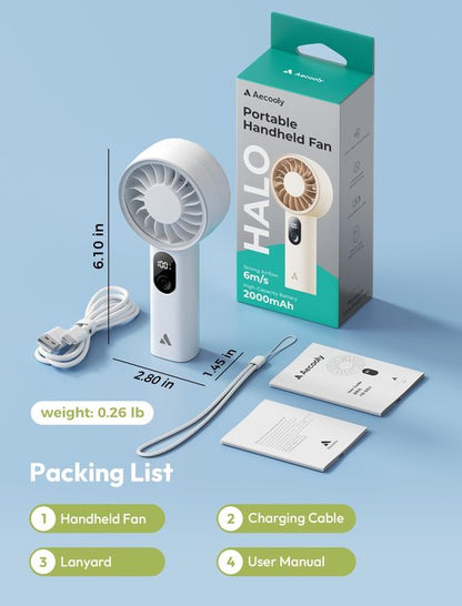 Aecooly Mighty Portable Fan, Powerful Handheld Fan, USB Rechargeable [10H Max Cooling Time], Mini Personal Battery Powered, Pocket for Travel, Summer, Gifts for Women, Girls -White