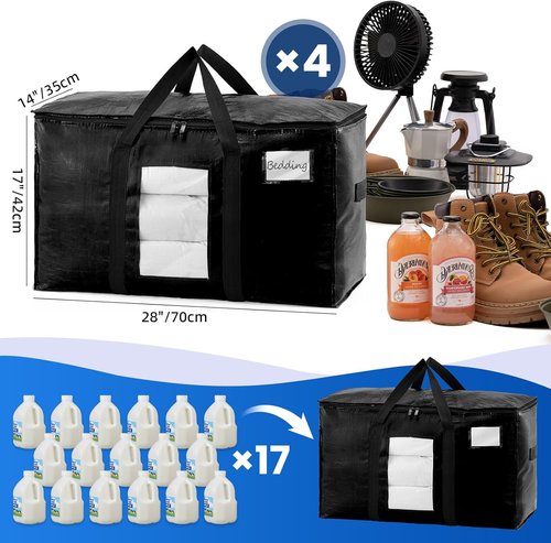 **TAILI Extra Large Heavy Duty Moving Bags - 4 Pack Black Totes with Visible Window & Wrap Around Handles**