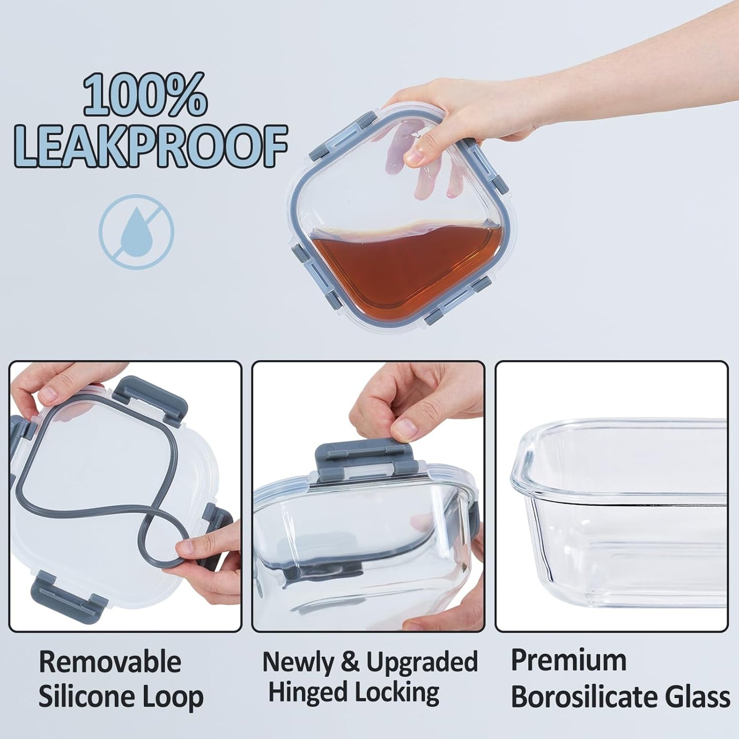 Regine Switzerland Glass Food Storage Containers - Airtight & Leak Proof, 4 Pack, BPA Free, Grey