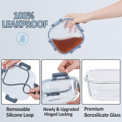 Regine Switzerland Glass Food Storage Containers - Airtight & Leak Proof, 4 Pack, BPA Free, Grey