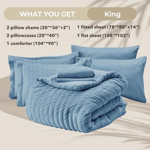HYMOKEGE King Size Comforter Set - Luxury 7-Piece All-Season Bedding in Mineral Blue with Sheets & Pillowcases