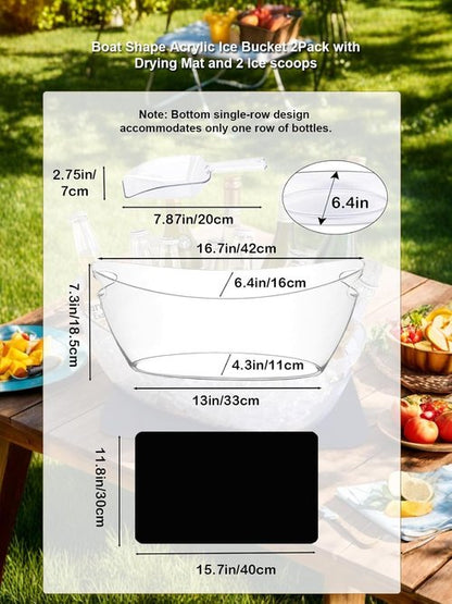 5.5L 16.7x6.4x7.3in Small Ice Bucket 2PCS with Drying Mat & Scoops for Parties, Mimosa Bar Supplies Beverage Tubs for Champagne Beer Sparkling Wine, Drink Cooler/Holder Food Grade Boat Shape