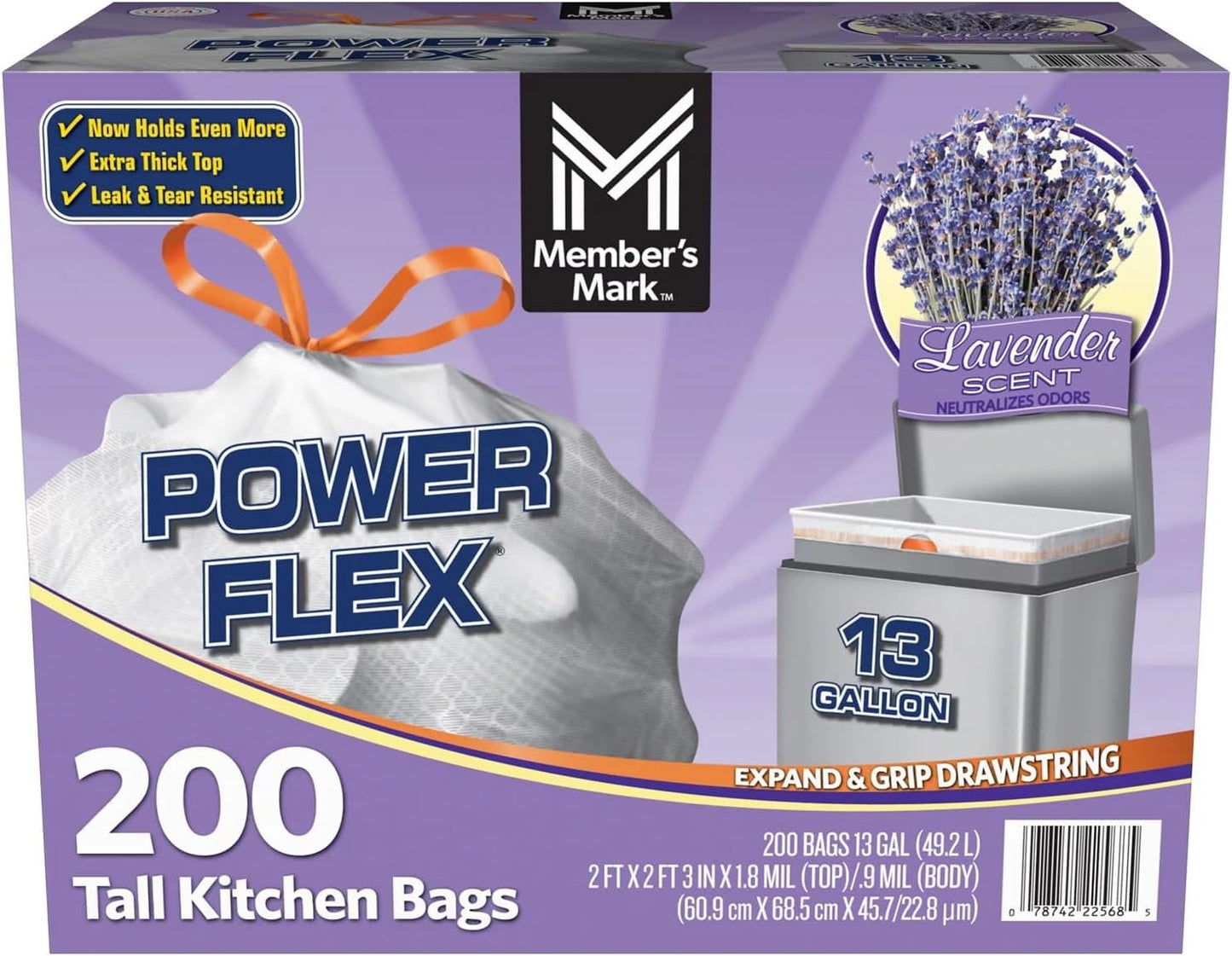Member's Mark Power Flex Tall Kitchen Trash Bags - 13 Gallon, 200 Count (2 Rolls of 100)