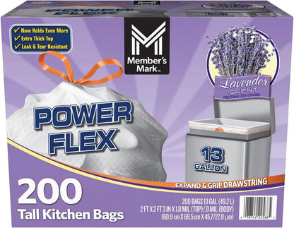 Member's Mark Power Flex Tall Kitchen Trash Bags - 13 Gallon, 200 Count (2 Rolls of 100)