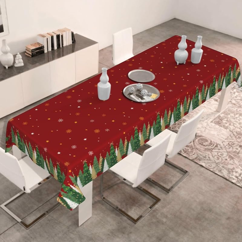 Red 60x120 Inch Christmas Tablecloth - Snowflake & Tree Print, Rectangular