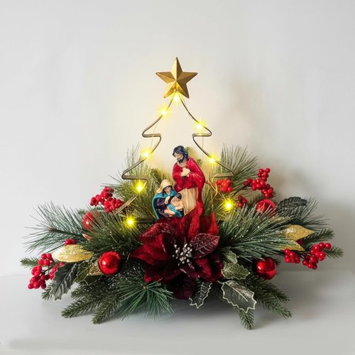 Eksen Nativity LED Christmas Tree Centerpiece - Holy Family Decoration with Warm Lights & Red Poinsettia Accents