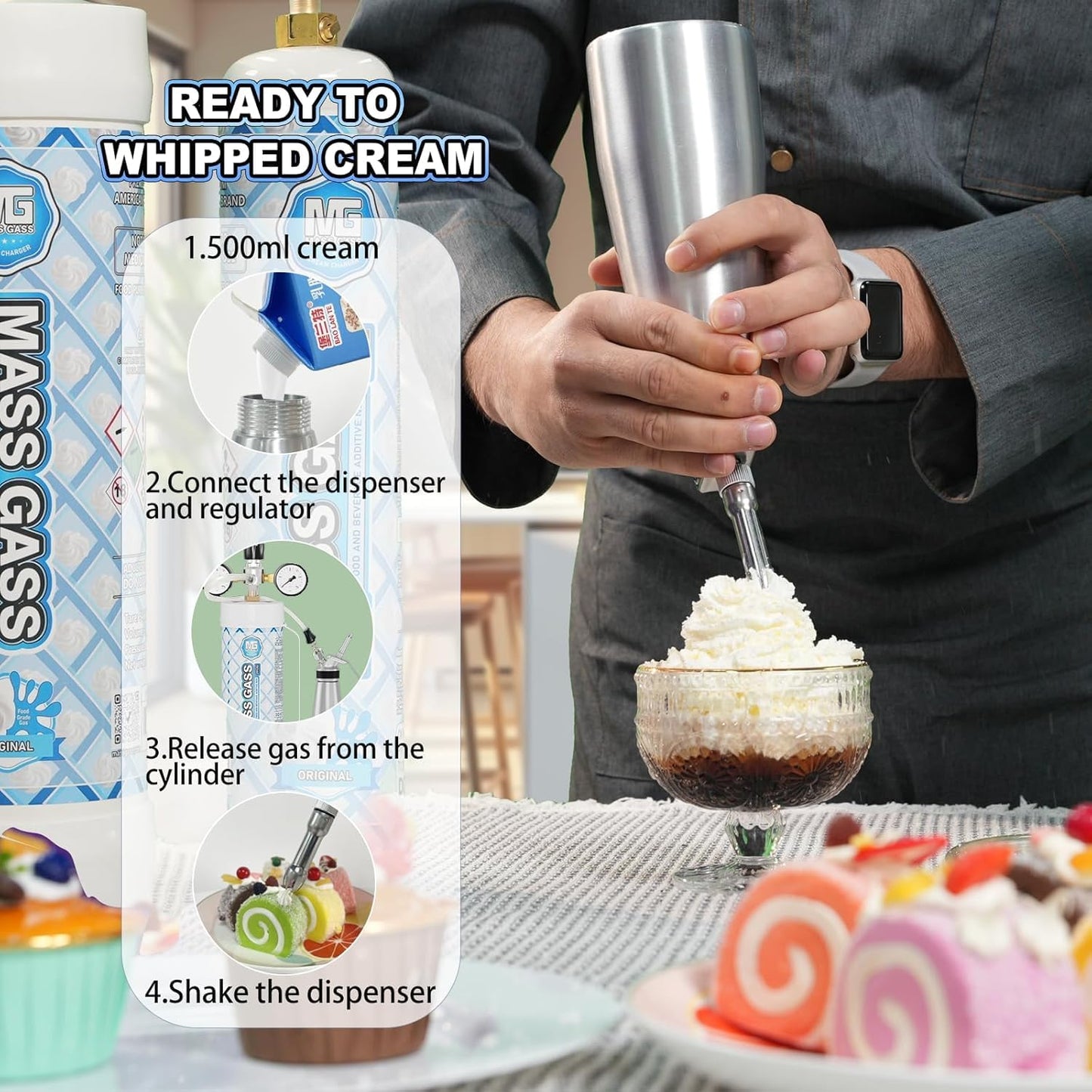 MassGass Whipped Cream Charger 2112g 3.3L Cream Chargr Unflavored Food Grade 99.9% Purity, 1-Pack