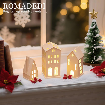 Romadedi White Christmas Village Set - Light Up Candle Holders for Home Decor | Set of 3