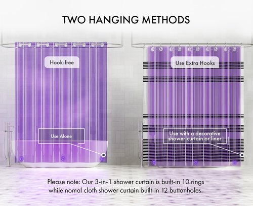AmazerBath No Hook Shower Curtain and Liner 3-in-1, 8G Luxury Heavy Duty Clear Purple No Hook Shower Curtain Liner, 72x75 Cute EVA Bathroom Weighted Plastic Shower Curtain with 3 Heavyweight Stones