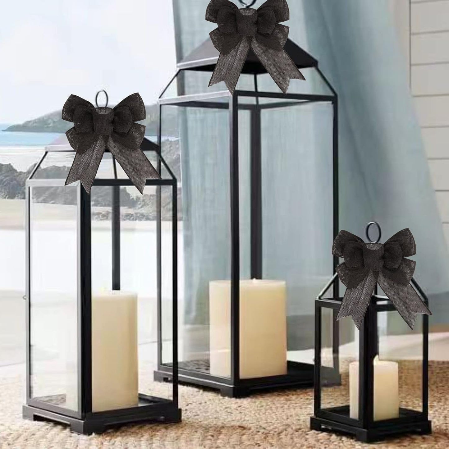 Meseey Black Wired Ribbon - 2 Pcs Handmade Burlap Bows for Wreaths & Gift Wrapping