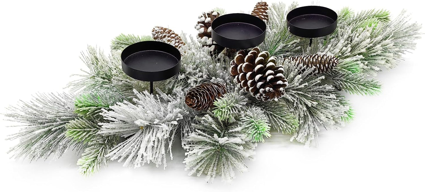 Skiennix Christmas Table Centerpiece - 27.5 Inch Flocked Pine Needles & Frosted Pine Cones | Snowy Design