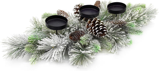 Skiennix Christmas Table Centerpiece - 27.5 Inch Flocked Pine Needles & Frosted Pine Cones | Snowy Design