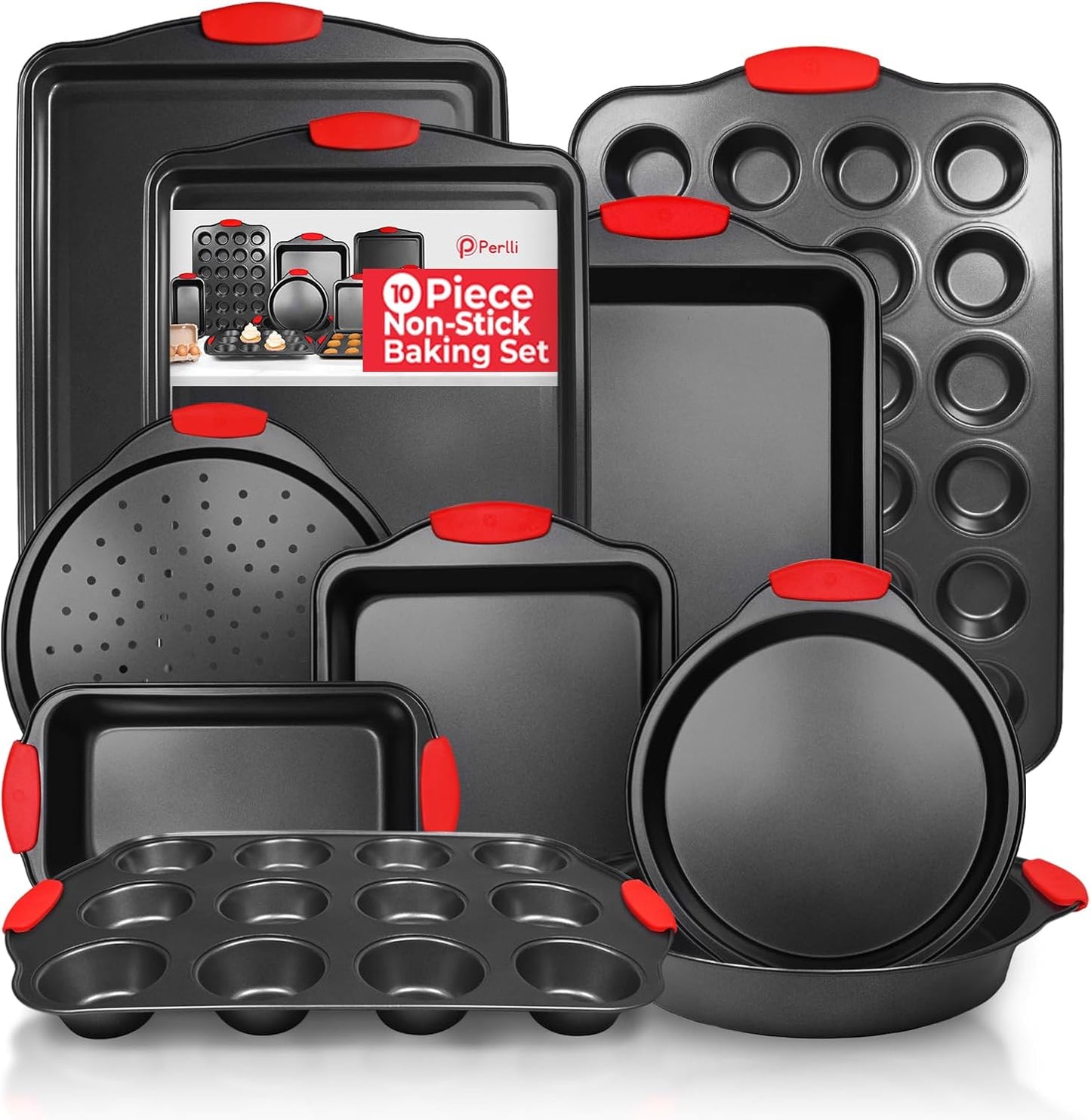 PERLLI Non-Stick 10-Piece Baking Pan Set - BPA-Free Carbon Steel Bakeware with Silicone Handles | Oven Safe Up to 446°F