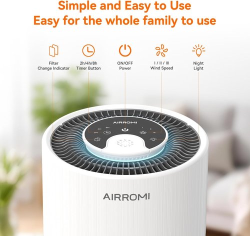 AIRROMI Air Purifier - HEPA 3-in-1 Filter for Bedroom | Covers Up to 990 Ft² - Quiet 360° Air Cleaner in White