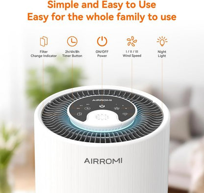 AIRROMI Air Purifier - HEPA 3-in-1 Filter for Bedroom | Covers Up to 990 Ft² - Quiet 360° Air Cleaner in White