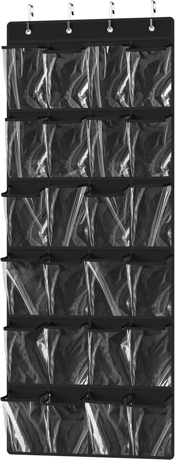Simple Houseware Over The Door Shoe Organizer - 24 Large Clear Pockets, Black (56" x 22.5")