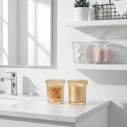 Skiennix Glass Qtip Holder Dispenser - 2 Pack Bathroom Organizers for Cotton Swabs & Makeup Storage (Amber)