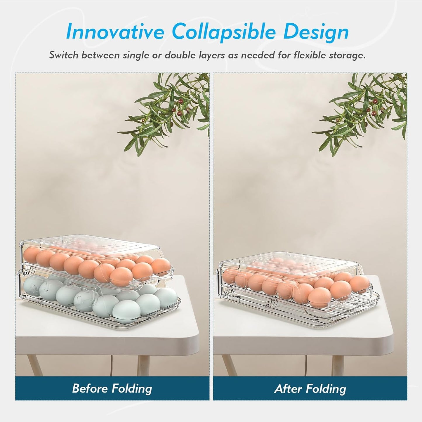 Skiennix Egg Holder - Foldable Automatic Rolling Container for Refrigerator | Large-Capacity, Clear Plastic (3 Dozen)