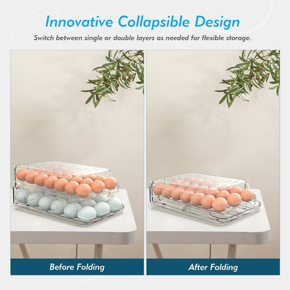 Skiennix Egg Holder - Foldable Automatic Rolling Container for Refrigerator | Large-Capacity, Clear Plastic (3 Dozen)