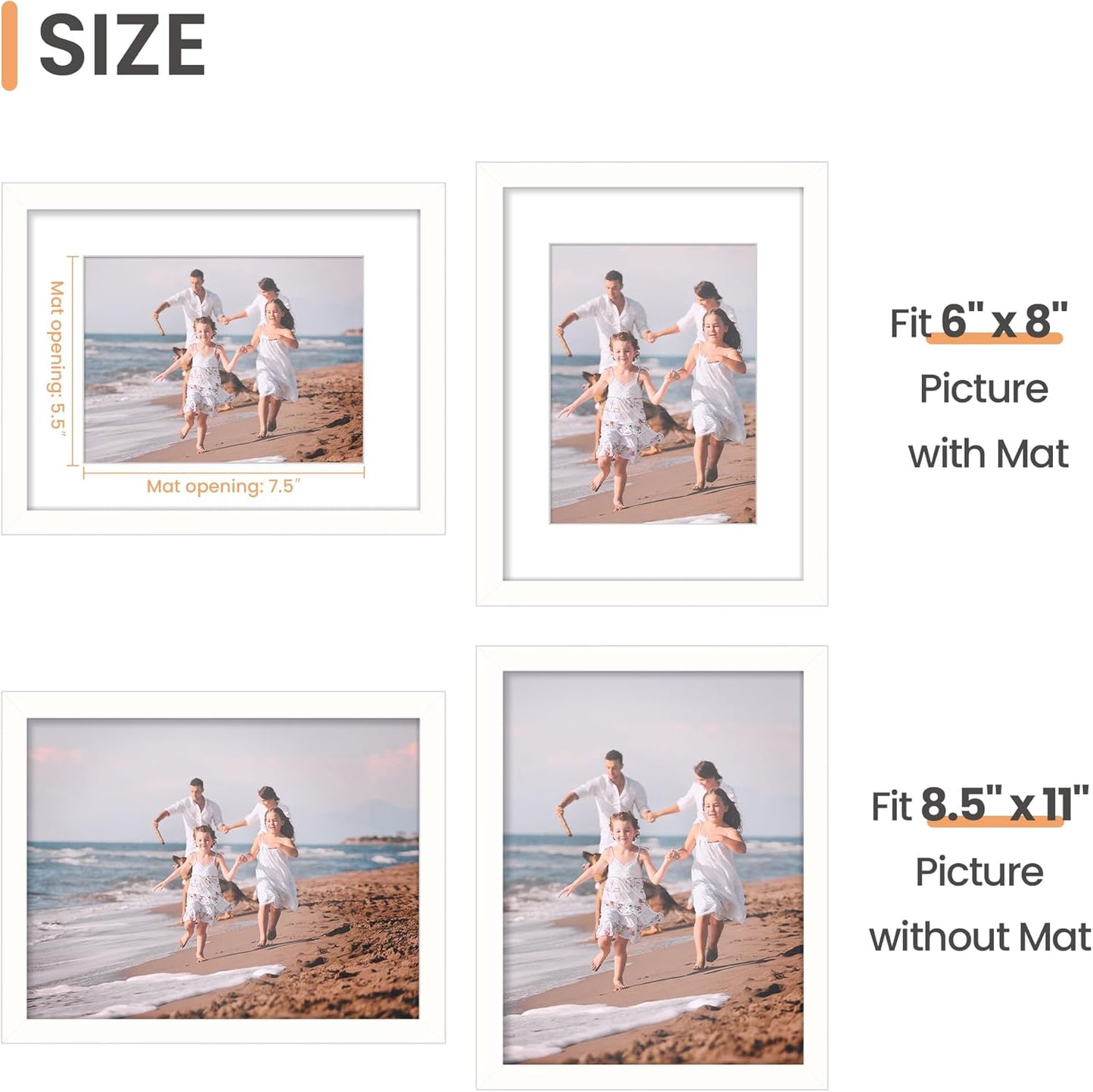 Upsimples Picture Frame - 8.5 x 11 Inch Display for 6x8 Photos with Mat | Elegant White, 1 Pack