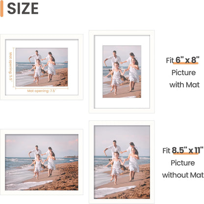 Upsimples Picture Frame - 8.5 x 11 Inch Display for 6x8 Photos with Mat | Elegant White, 1 Pack