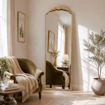 Arched Full-Length Mirror 22x65 in Vintage Gold Beaded Frame - Freestanding or Leaning