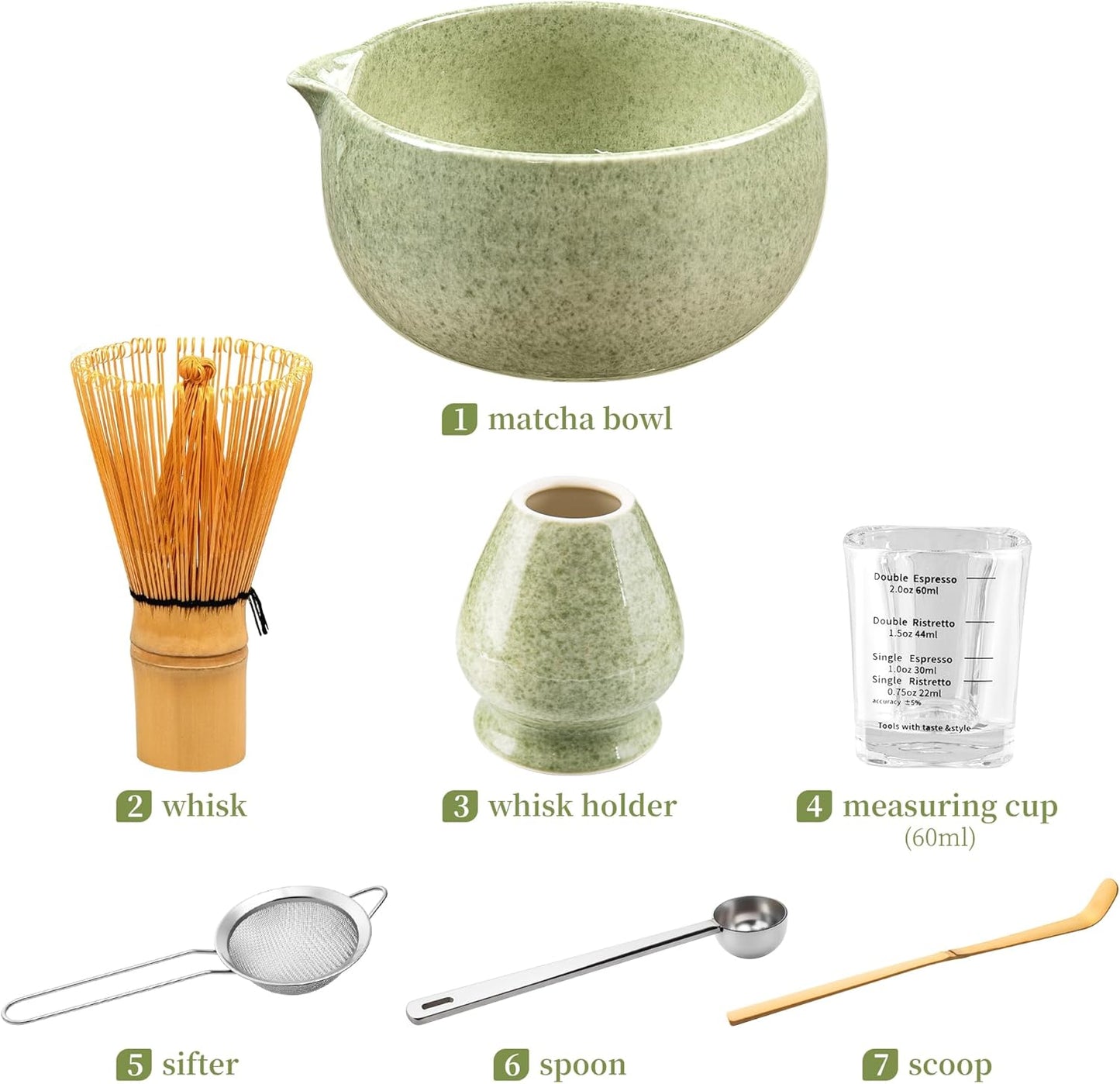 YIBO Matcha Whisk Set - Complete Ceramic Matcha Making Kit with Bamboo Whisk & Accessories | Mottled Green