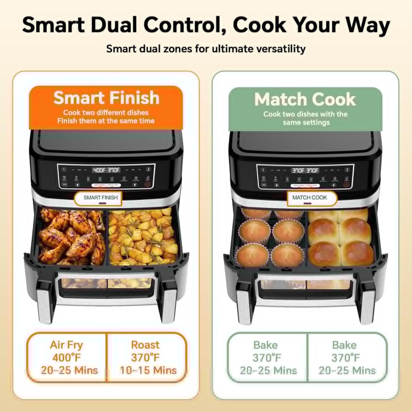 Skiennix 1600W Dual Zone Air Fryer Oven - 12.69QT Nonstick Basket with Smart Finish & Digital Touchscreen