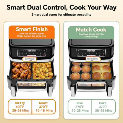 Skiennix 1600W Dual Zone Air Fryer Oven - 12.69QT Nonstick Basket with Smart Finish & Digital Touchscreen