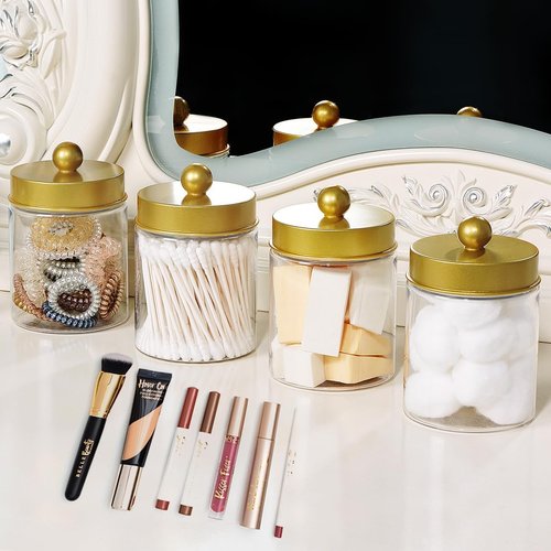 Amolliar Qtip Holder Dispenser - 8 Oz Plastic Apothecary Jar for Makeup & Bathroom Storage - Gold