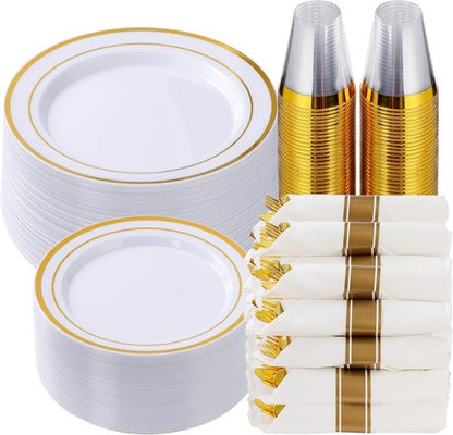 Goodluck 350-Piece Gold Plastic Dinnerware Set - Elegant Disposable Plates for 50 Guests | Includes Plates, Napkins & Cups