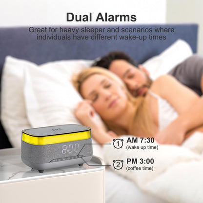 PRIBUY Smart Alarm Clock with 15W Fast Wireless Charger & Bluetooth Speaker - Dual Alarm, Dimmable Display, Touch Bedside Lamp, Nightstand Clock for Bedroom, Office, Home