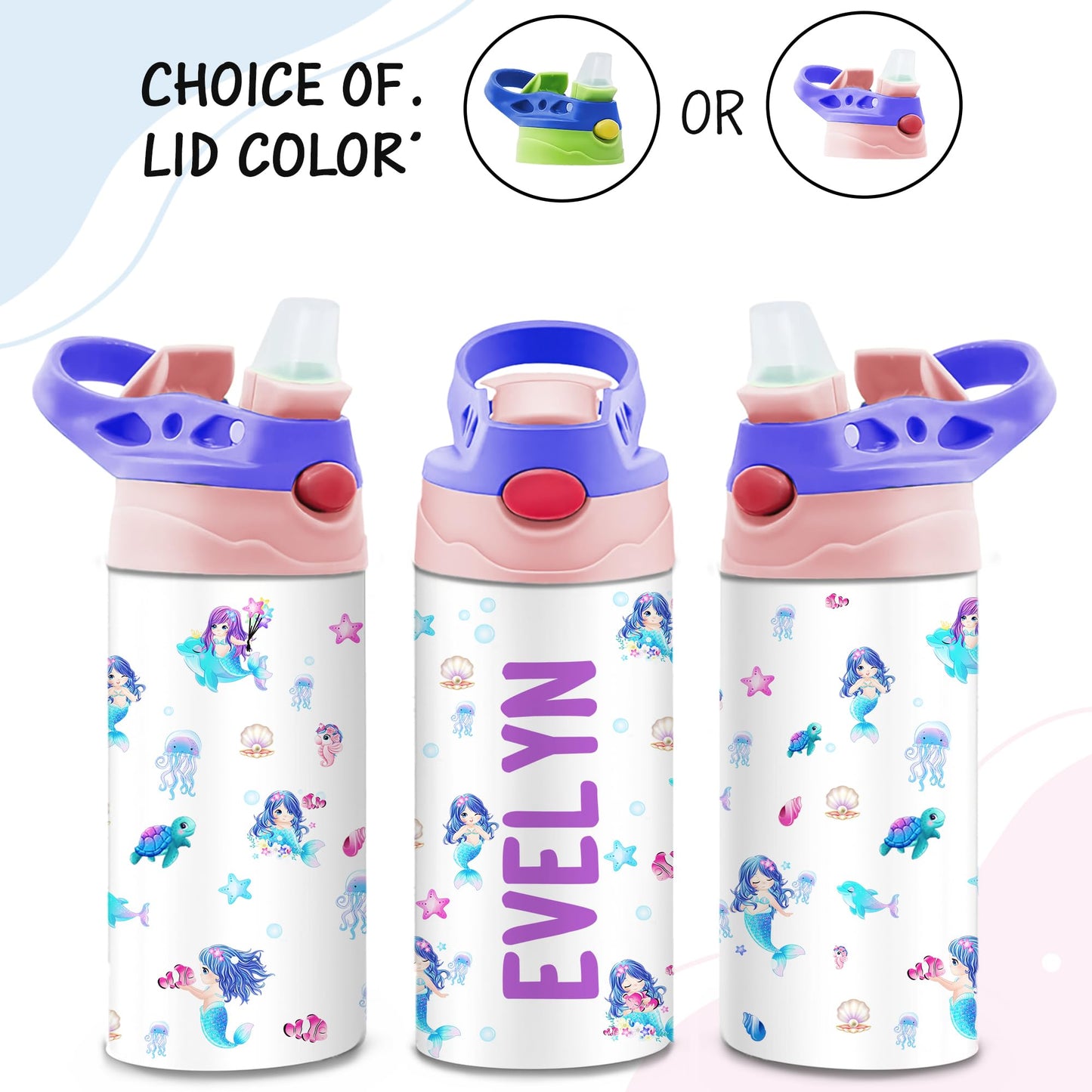 Personalized Kids Water Bottle | 12 Oz Double Wall Insulated Stainless Steel Tumbler | Custom Name Leak-Proof Cup with Straw | Back to School Gift for Toddlers, Children, Boys, Girls | Mermaid