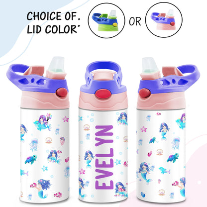 Personalized Kids Water Bottle | 12 Oz Double Wall Insulated Stainless Steel Tumbler | Custom Name Leak-Proof Cup with Straw | Back to School Gift for Toddlers, Children, Boys, Girls | Mermaid