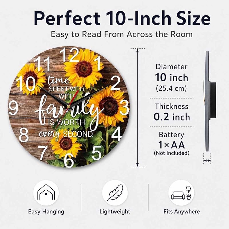 Sunflower Family Quote Wall Clock 10 Inch - Sunflower 1+10 Inch, Battery Operated